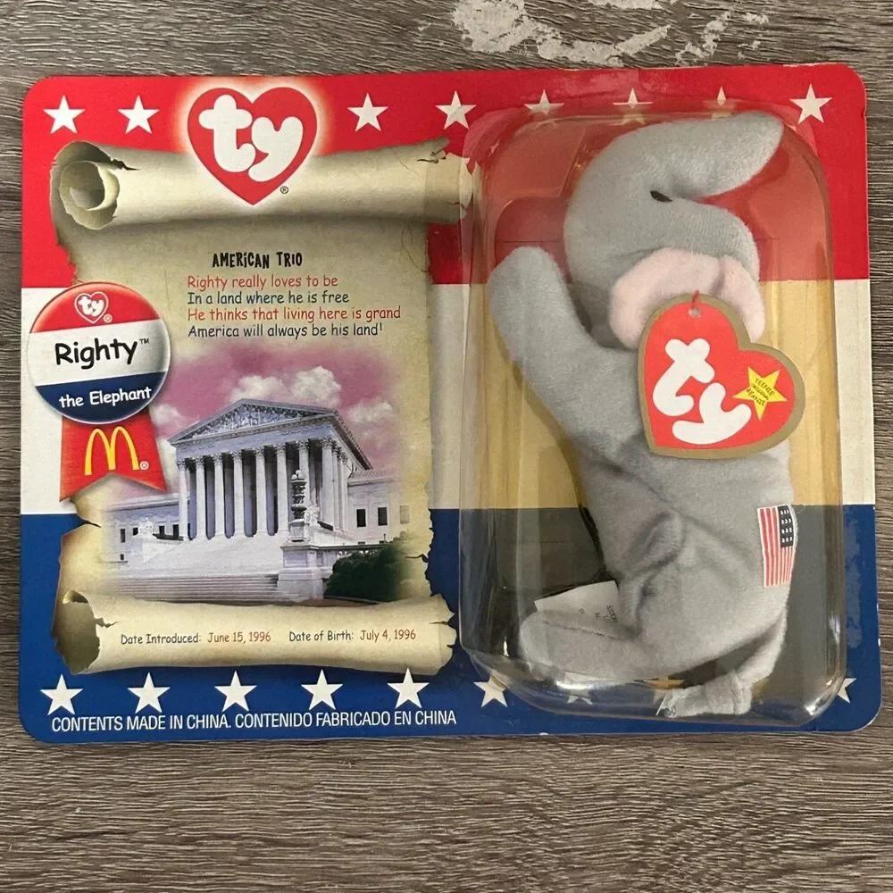 Ty Righty the Elephant Teenie Beanie Baby 5 in Gray Polyester Fiber NWT